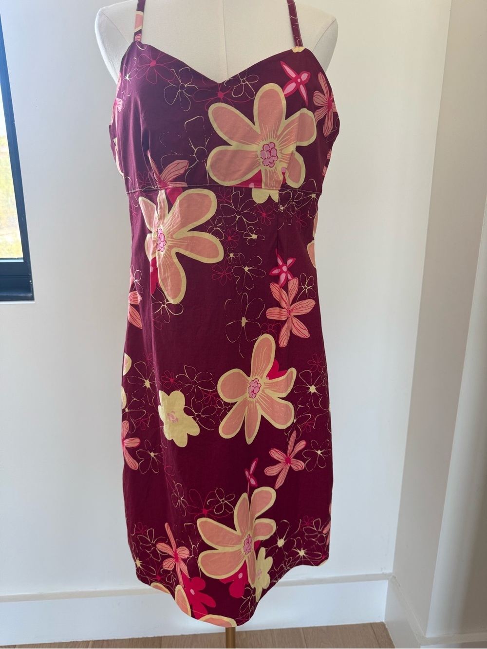 Water Girl Organic Cotton Floral Spaghetti Strap Midi Dress Burgundy Hawaii Y2K